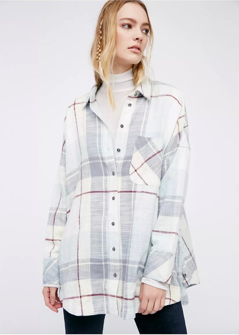 Free People Rainy Day Plaid Tunic Sz L Cotton Button Down Flannel Mineral Blue